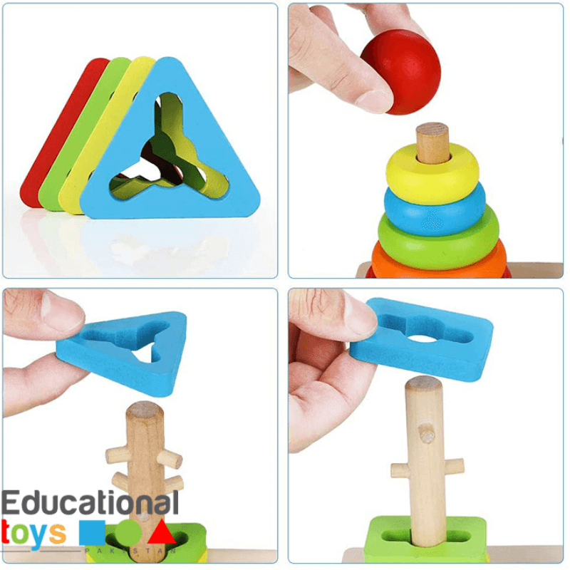 Rainbow three column shape sorting tower toy for kids