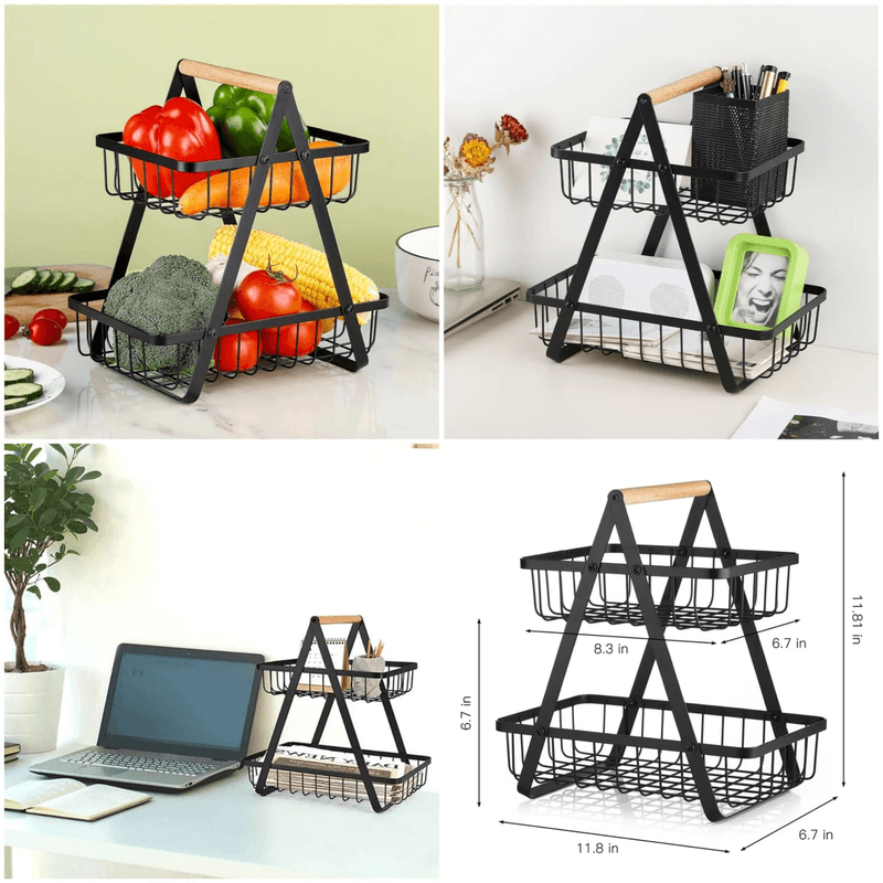2layer iron basket with wooden handle