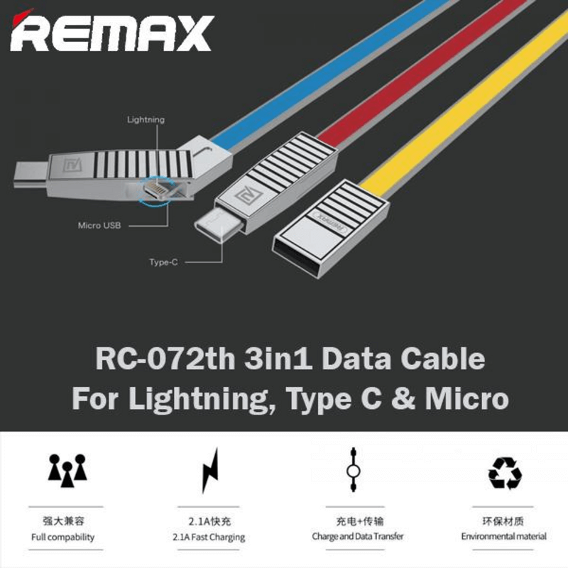 Remax 3 in 1 usb data and charger cable rc-072th usb charging cable