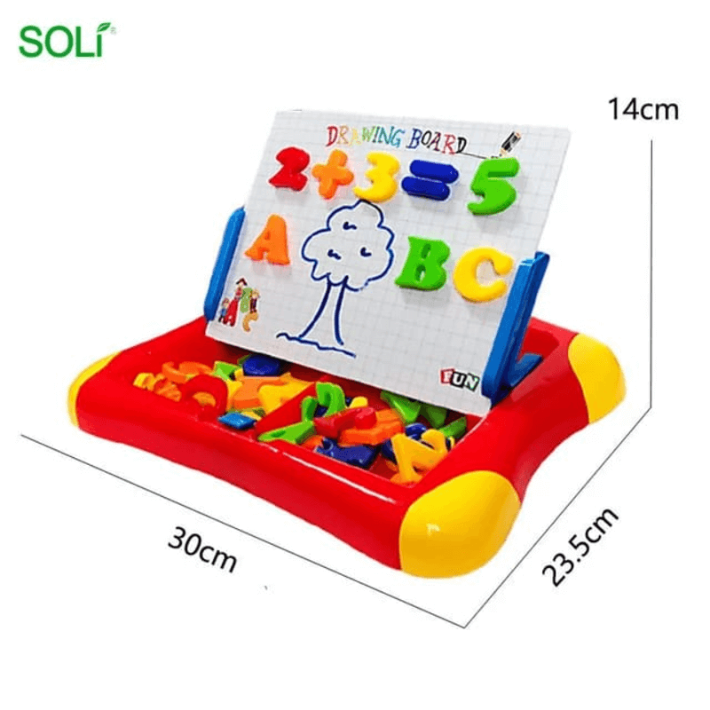 Writing and drawing board with magnetic letters and alphabets