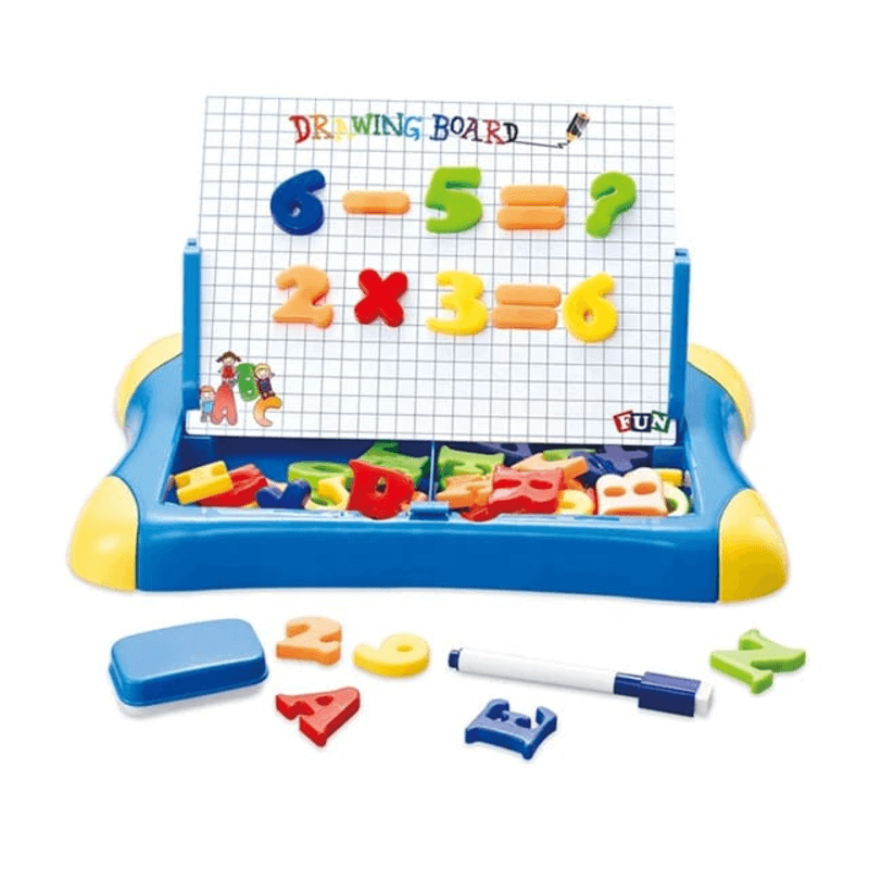 Writing and drawing board with magnetic letters and alphabets