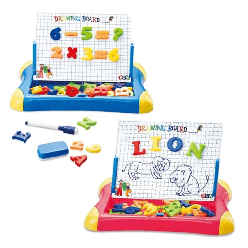 Writing and drawing board with magnetic letters and alphabets