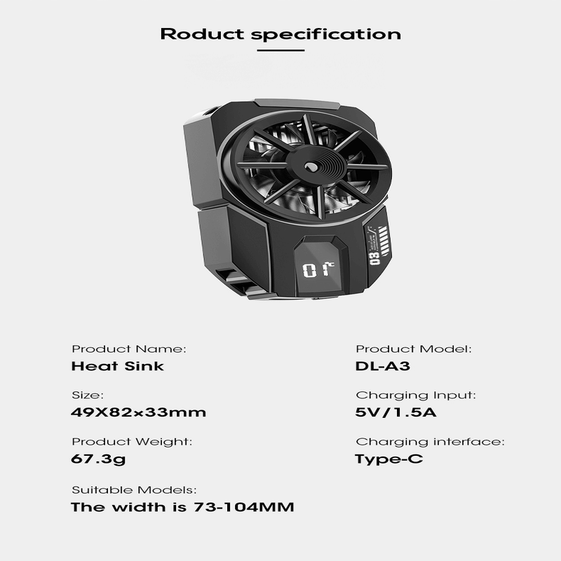 Portable dla3 mobile phone radiator cooling fan with digital display