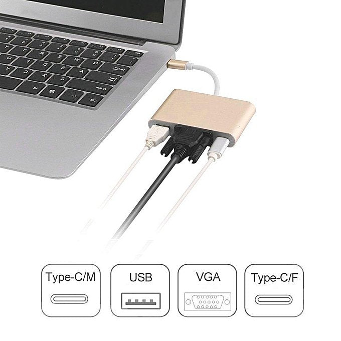 Type c to 1080p vga+usb 3.0+type-c adapter - gold