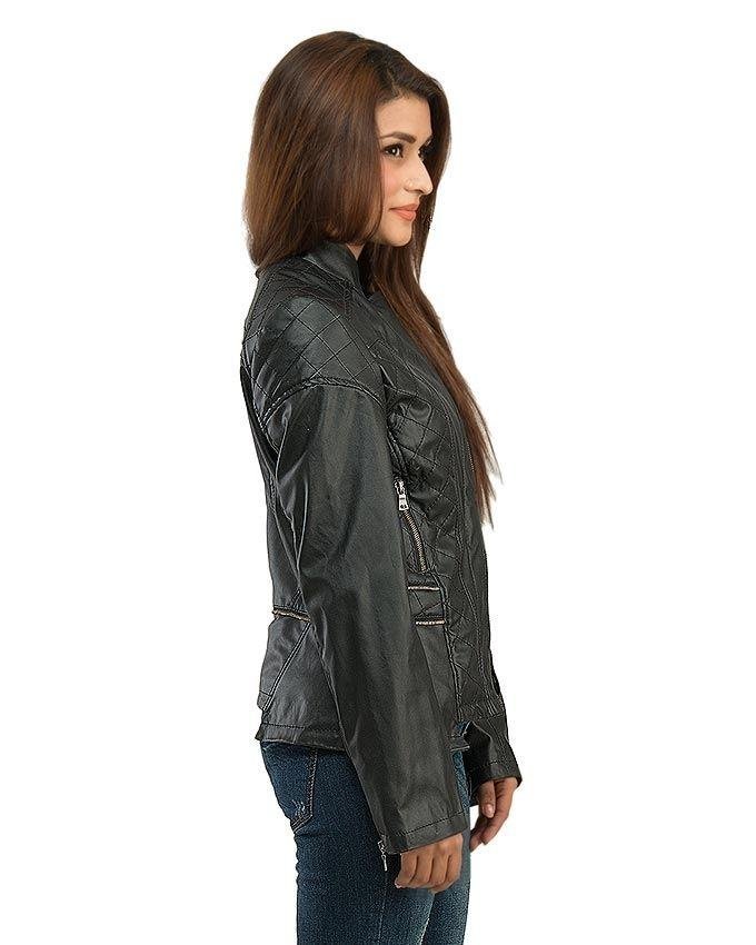 Black slim fit leather jacket for womens