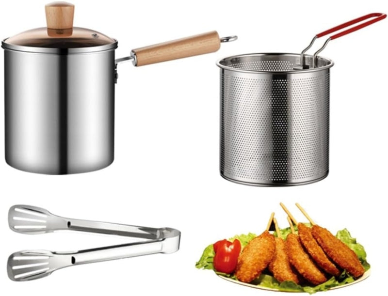 Stainless steel frying pan with strainer basket and handle - Prozone