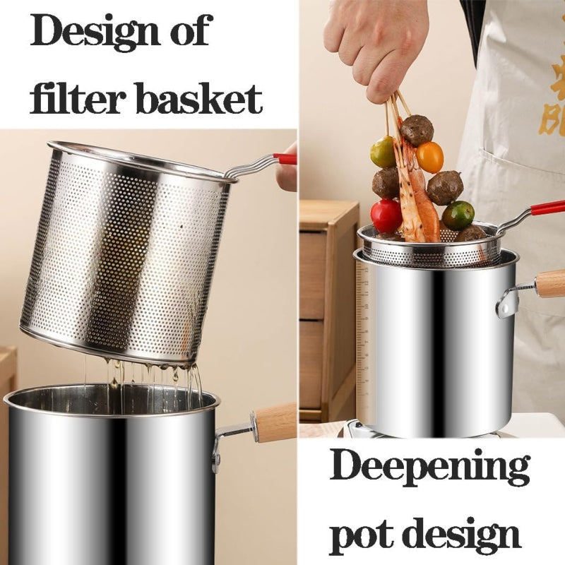 Stainless steel frying pan with strainer basket and handle - Prozone
