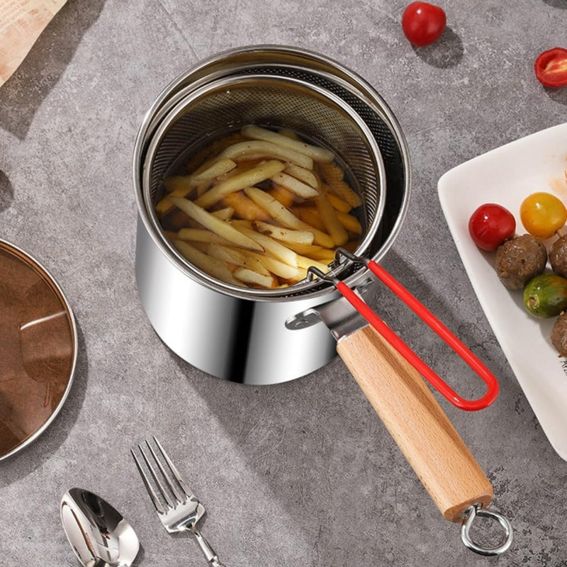 Stainless steel frying pan with strainer basket and handle - Prozone