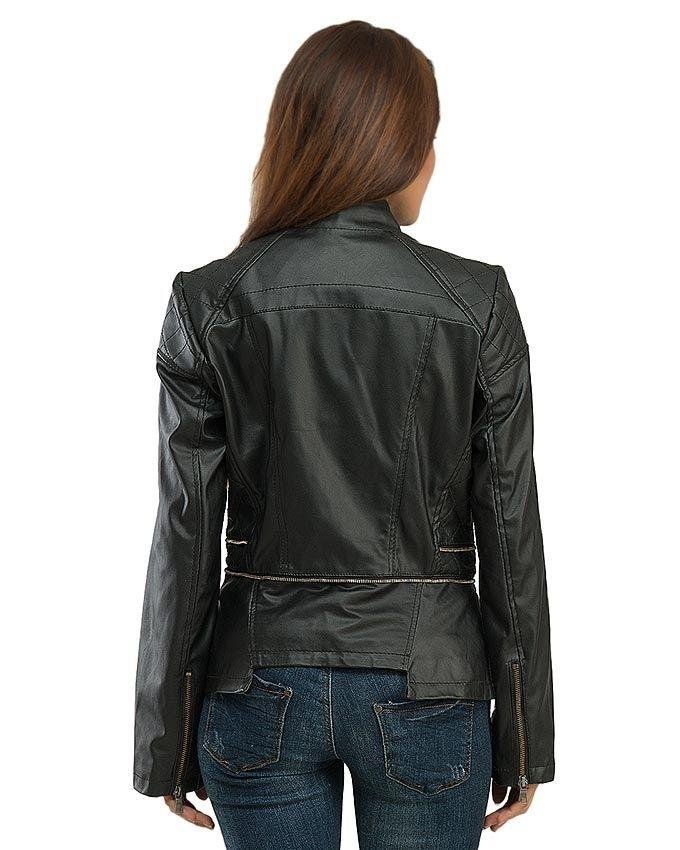 Black slim fit leather jacket for womens