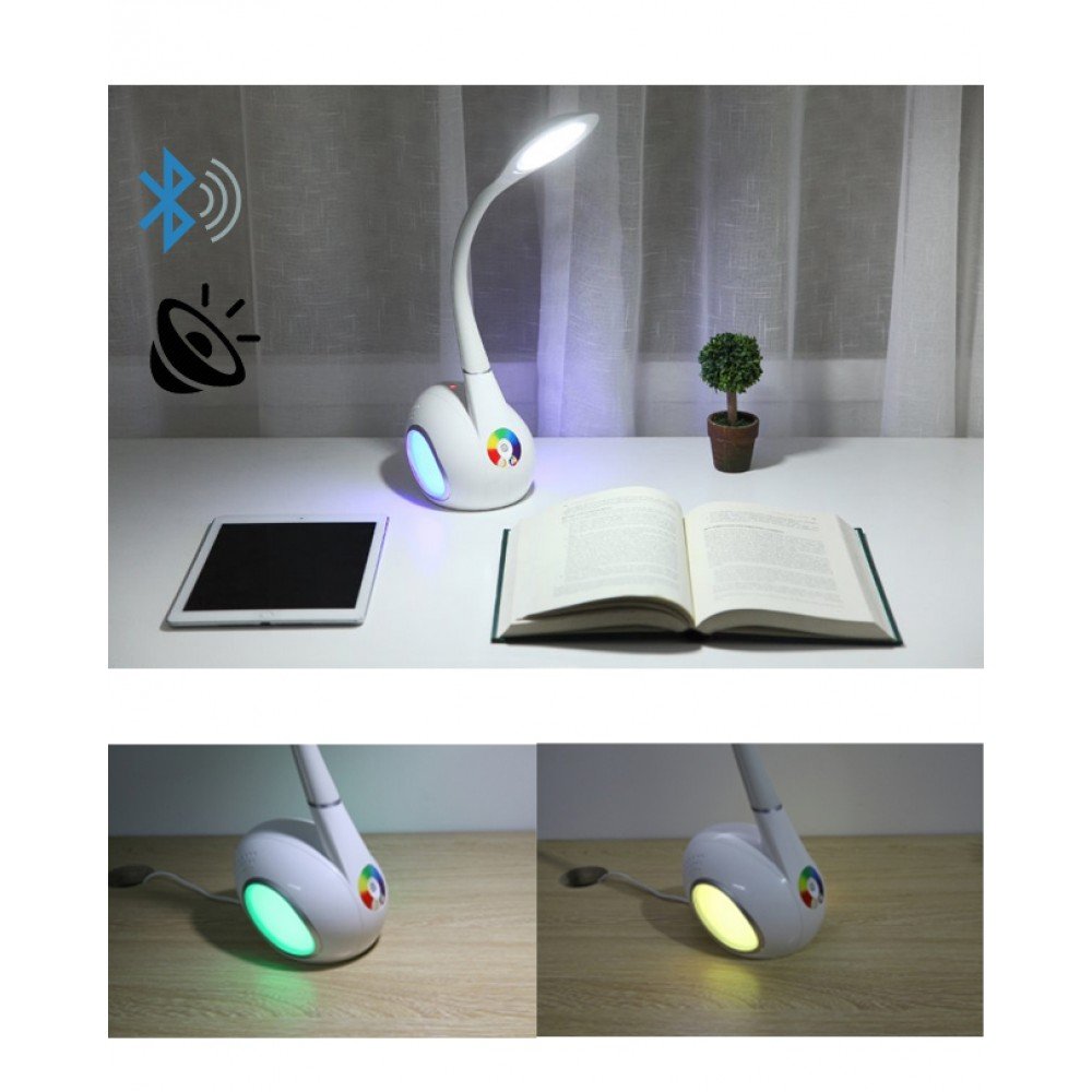 Led table lamp with multi-grade dimming + bluetooth speakers