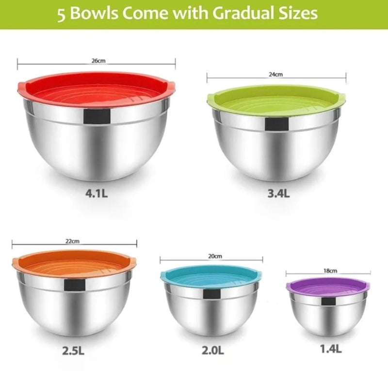 Stainless steel metal nesting salad bowl with lid 5 pcs - Prozone