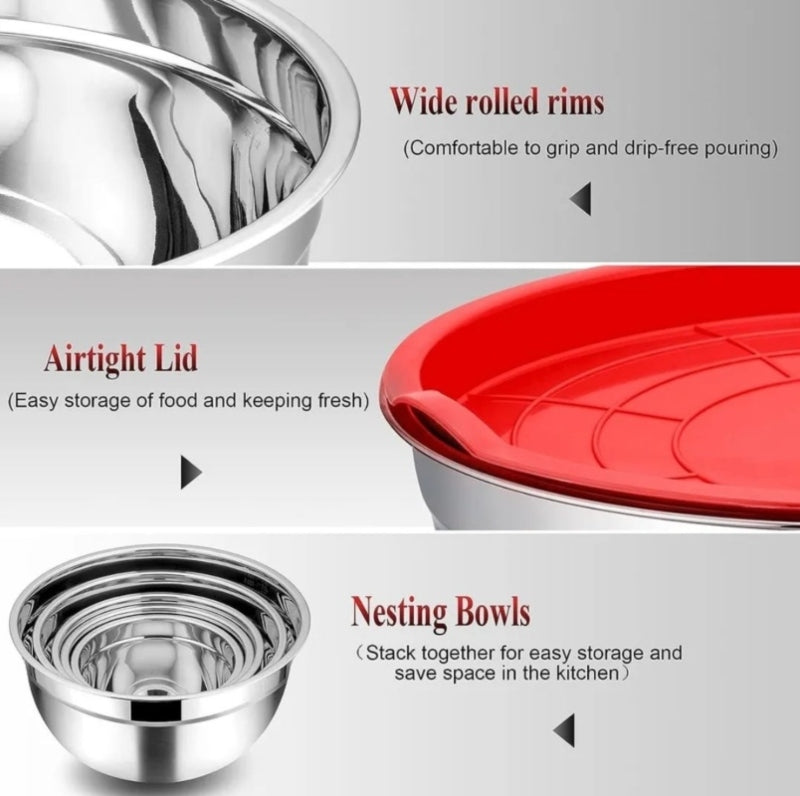 Stainless steel metal nesting salad bowl with lid 5 pcs - Prozone