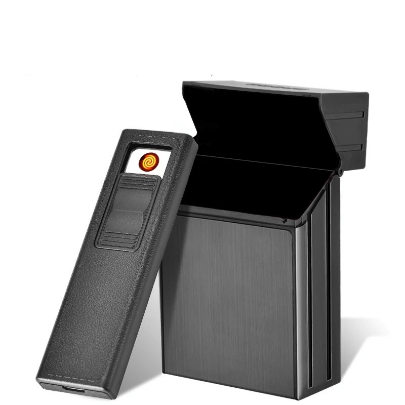 Metal cigarette box with electronic lighter