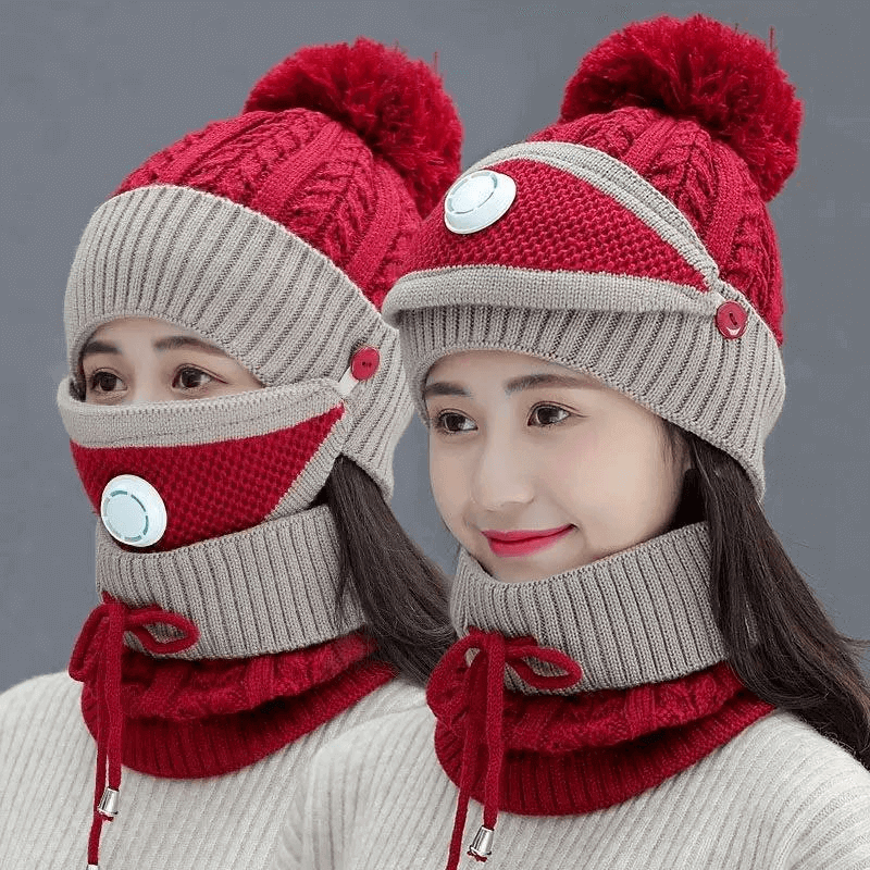 3pcs women winter warm scarf knitted hat mask