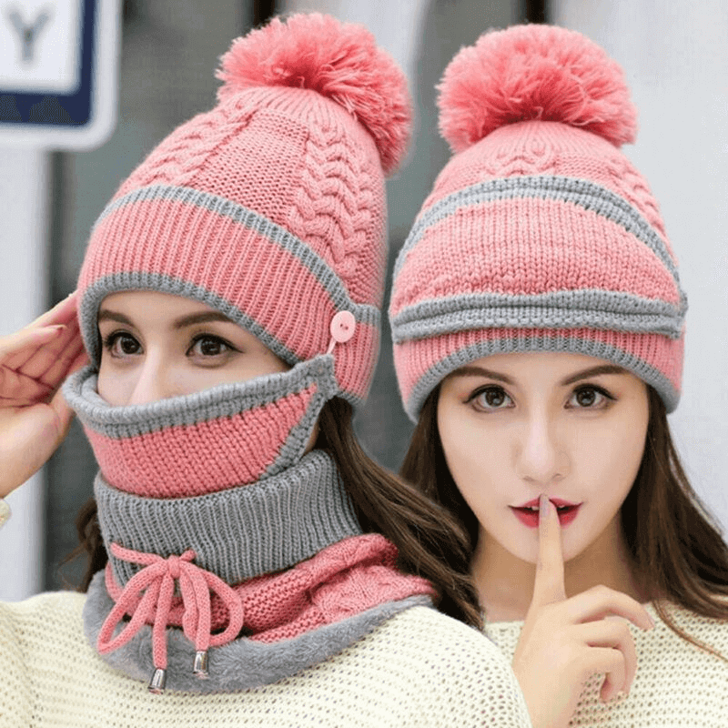 3pcs women winter warm scarf knitted hat mask