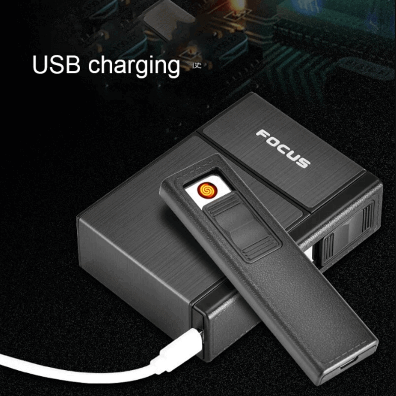 Metal cigarette box with electronic lighter