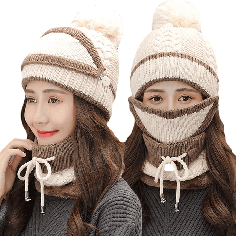 3pcs women winter warm scarf knitted hat mask