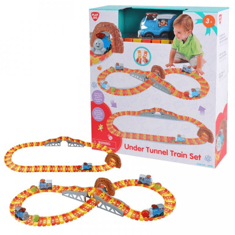 Kids under tunnel electric train set