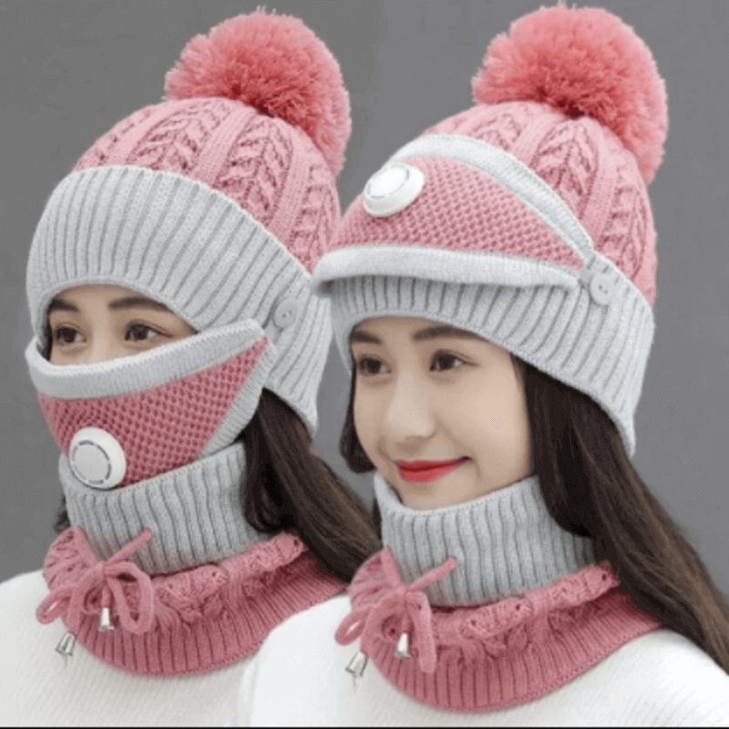 3pcs women winter warm scarf knitted hat mask
