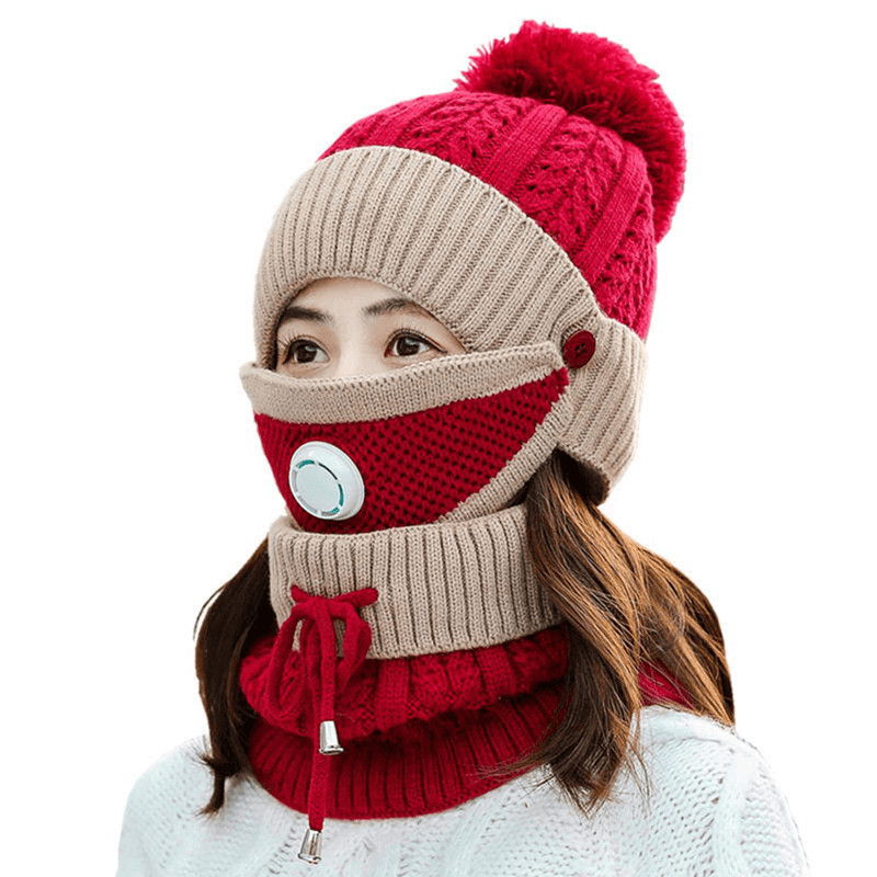 3pcs women winter warm scarf knitted hat mask