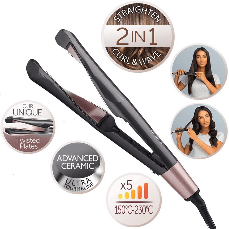 2 in 1 twisted hair straightener and curler iron
