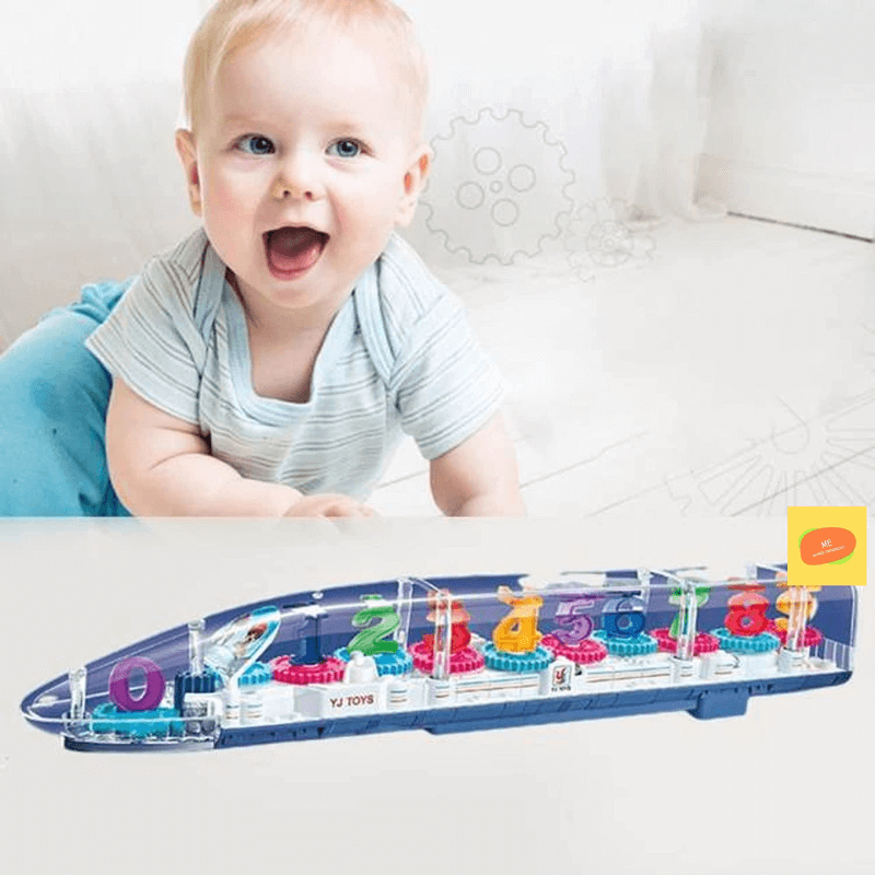 Transparent gear train toy for kids bump n go
