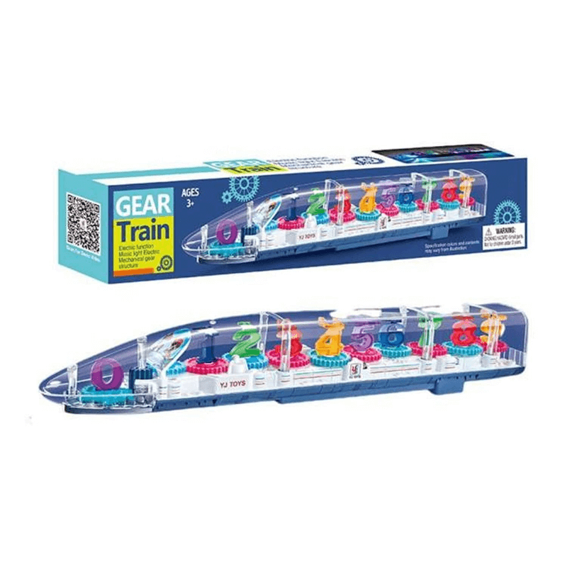 Transparent gear train toy for kids bump n go
