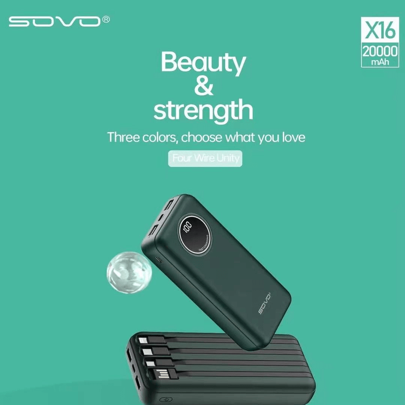 Sovo x16 20000 mah power bank with built in cables