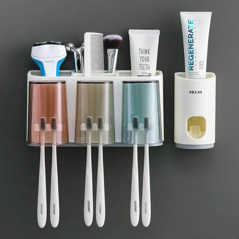 3 cups toothbrush holder with toothpaste dispenser-squeezer