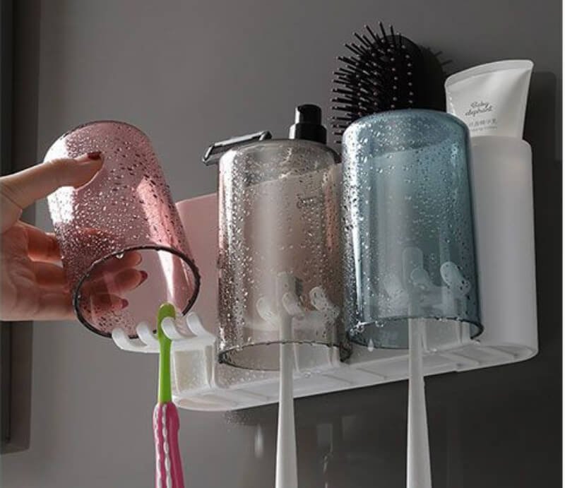 3 cups toothbrush holder with toothpaste dispenser-squeezer