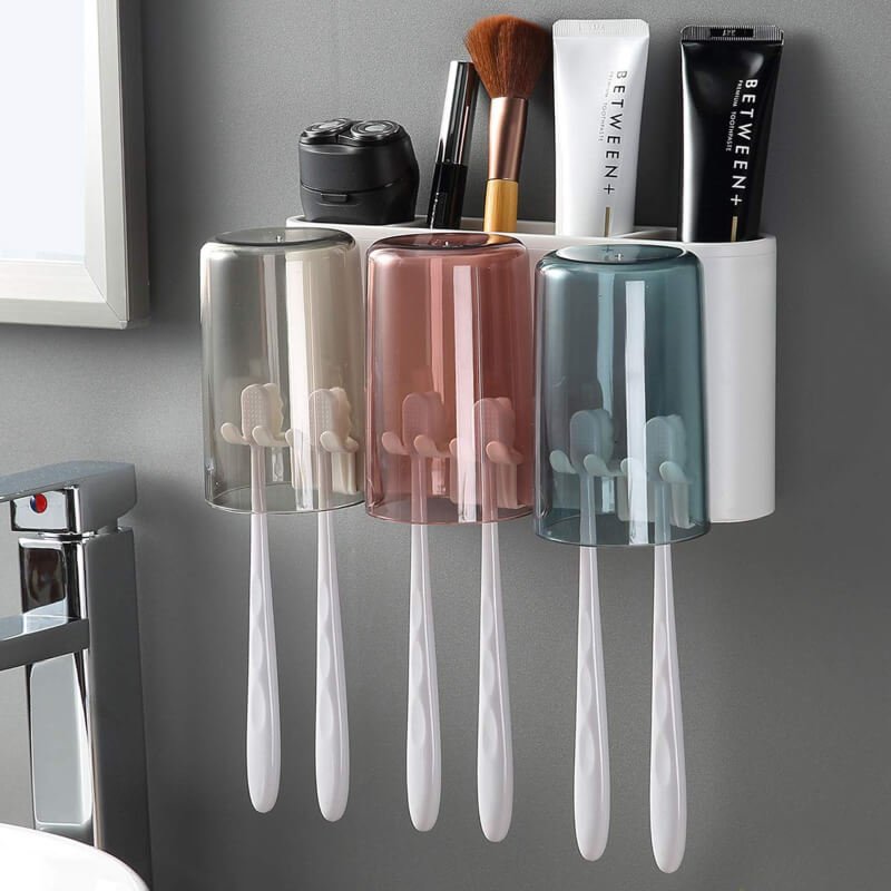 3 cups toothbrush holder with toothpaste dispenser-squeezer