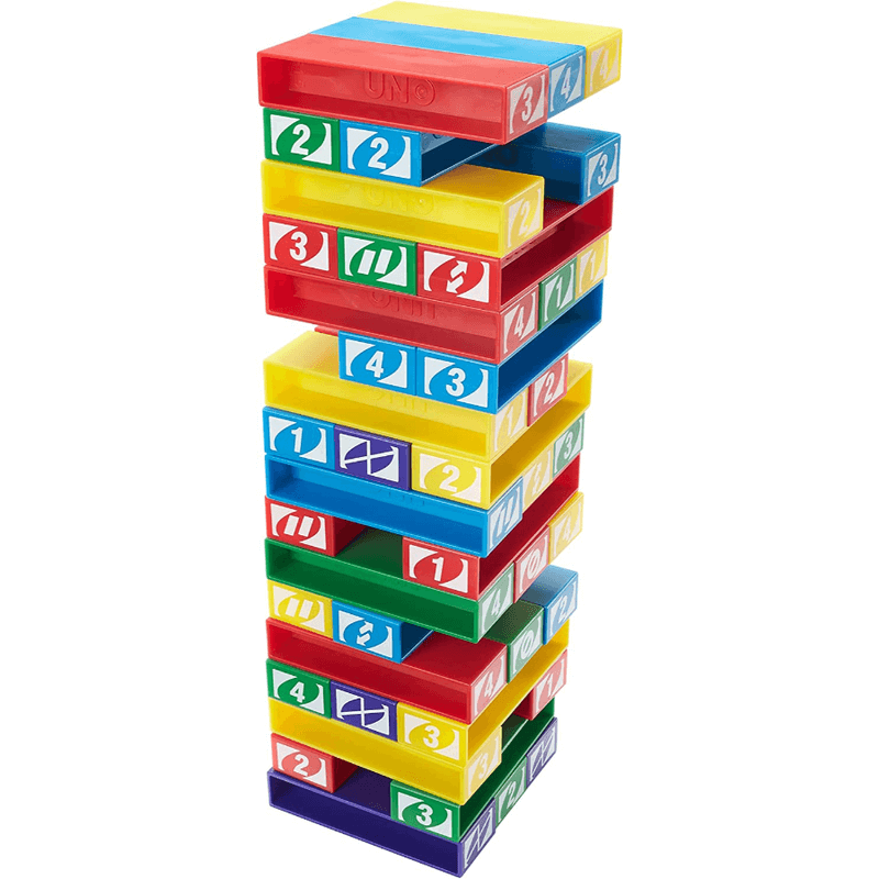Uno stacko game with 45 color stacking blocks
